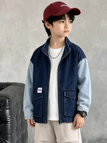 Tween Boy Denim Jacket, Street Style Casual College Look, Denim Washed Blue And Black Color Block Design, Flattering For All Skin Tones, Zipper Closure, Perfect For Street Parties And Gatherings, Easily Become The Focus - Multicolor - View 3