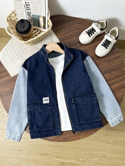 Tween Boy Denim Jacket, Street Style Casual College Look, Denim Washed Blue And Black Color Block Design, Flattering For All Skin Tones, Zipper Closure, Perfect For Street Parties And Gatherings, Easily Become The Focus