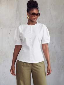 BamGlimmer New Summer Women's Oversized Elegant White Woven Blouse With Design-Focused Silhouette, Shaped Sleeves, Side Slit Hem, Travel, Vacation, Party, Brunch - White - View 5