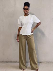 BamGlimmer New Summer Women's Oversized Elegant White Woven Blouse With Design-Focused Silhouette, Shaped Sleeves, Side Slit Hem, Travel, Vacation, Party, Brunch - White - View 6