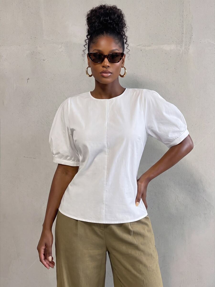 BamGlimmer New Summer Women's Oversized Elegant White Woven Blouse With Design-Focused Silhouette, Shaped Sleeves, Side Slit Hem, Travel, Vacation, Party, Brunch