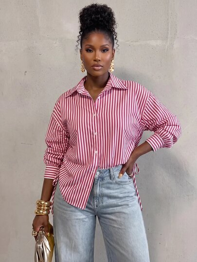 BamGlimmer Vintage Striped Tie Waist Blouse, Asymmetrical Hem Cinched Waist Loose Commuter Shirt