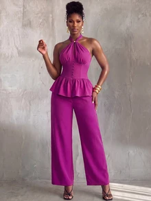 BamGlimmer Women's Halter Neck Ruffle Top And Long Pants Elegant Party 2 Pieces Set - Purple - View 7