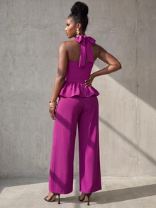 BamGlimmer Women's Halter Neck Ruffle Top And Long Pants Elegant Party 2 Pieces Set - Purple - View 3