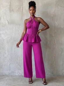 BamGlimmer Women's Halter Neck Ruffle Top And Long Pants Elegant Party 2 Pieces Set - Purple - View 6