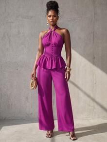BamGlimmer Women's Halter Neck Ruffle Top And Long Pants Elegant Party 2 Pieces Set - Purple - View 5