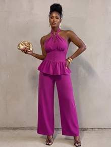 BamGlimmer Women's Halter Neck Ruffle Top And Long Pants Elegant Party 2 Pieces Set - Purple - View 2