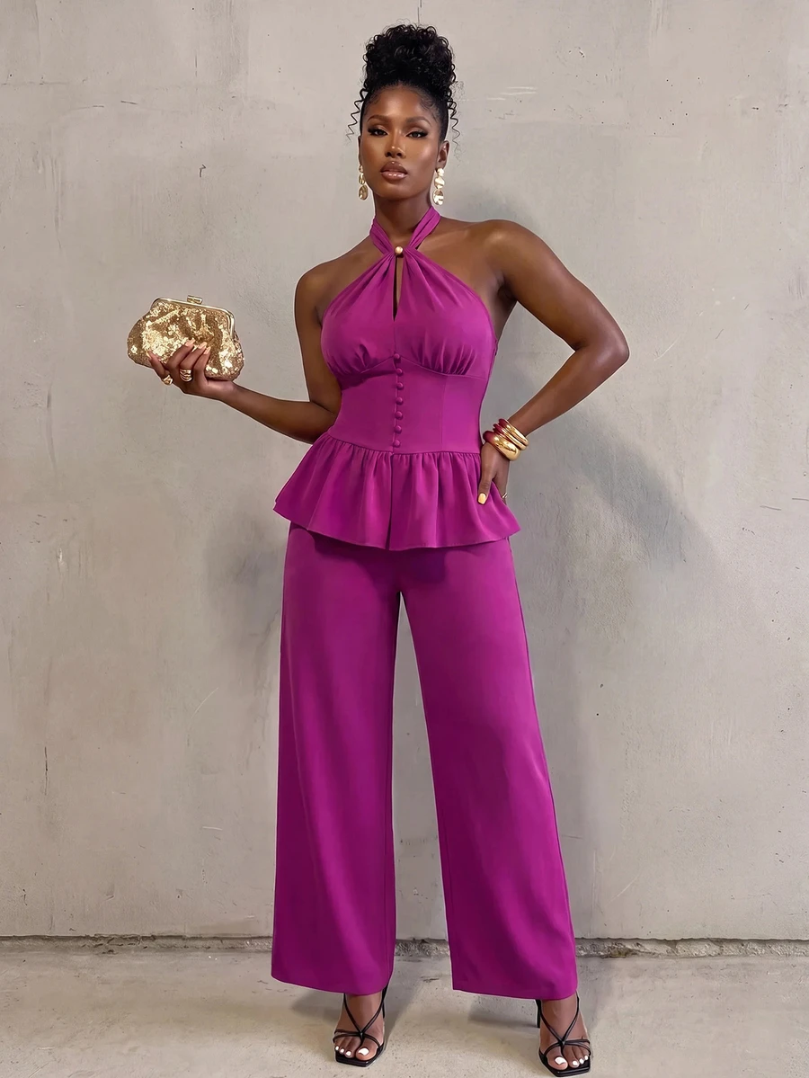 BamGlimmer Women's Halter Neck Ruffle Top And Long Pants Elegant Party 2 Pieces Set