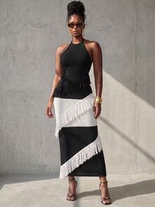 BamGlimmer Women's Colorblock Tassel Design Casual Party Knit Halter Neck Dress - Black and White - View 5