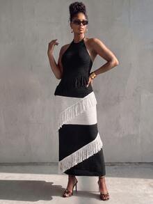 BamGlimmer Women's Colorblock Tassel Design Casual Party Knit Halter Neck Dress - Black and White - View 1