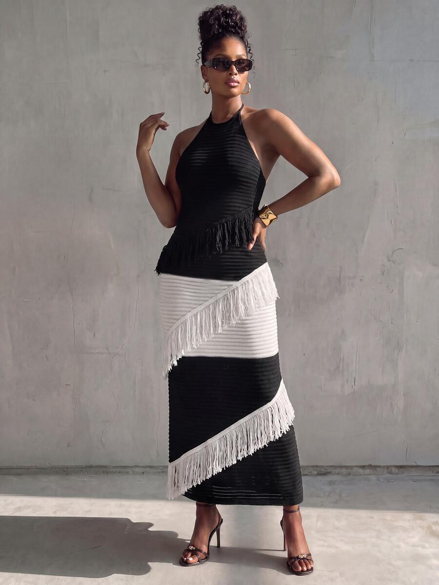 BamGlimmer Women's Colorblock Tassel Design Casual Party Knit Halter Neck Dress - Black and White - View 1