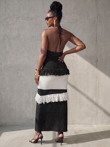BamGlimmer Women's Colorblock Tassel Design Casual Party Knit Halter Neck Dress - Black and White - View 2
