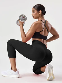 SHEIN Dewbera 高腰提臀運動七分瑜伽健身緊身褲 素色 - 黑色 - 查看 6
