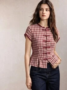 BizChic 女款立領蕾絲飾邊中式盤扣襯衫，優雅 70 年代復古休閒早午餐茶會辦公室紅白格紋夏季上衣 - 酒紅色 - 查看 5