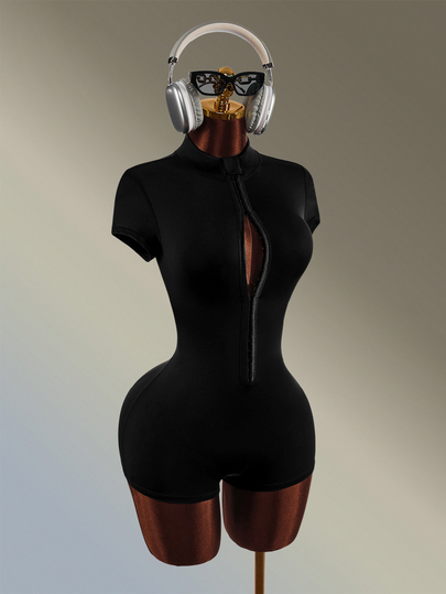 Amplova Solid Color Short Sleeve Fitted Athletic Romper