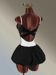 Amplova Women's Colorblock Patchwork Backless Spaghetti Strap Sports Dress Workouts Casual Cute Going Out Party Club Daily Gym Fitness Running Sexy - Black and White - View 2