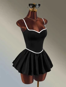 Amplova Women's Colorblock Patchwork Backless Spaghetti Strap Sports Dress Workouts Casual Cute Going Out Party Club Daily Gym Fitness Running Sexy - Black and White - View 3