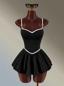 Amplova Women's Colorblock Patchwork Backless Spaghetti Strap Sports Dress Workouts Casual Cute Going Out Party Club Daily Gym Fitness Running Sexy - Black and White - View 6