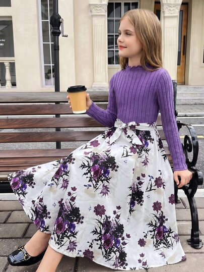 SHEIN Tween Girl Ween Girls Dresses Elegant Casual Knitted Patchwork Long Sleeve Dress