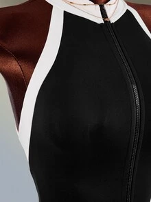 Amplova 女款拼色休閒日常旅行運動連身褲 優雅時尚露背黑色立領健身運動套裝 跑步瑜珈日常穿著 - 黑與白 - 查看 11