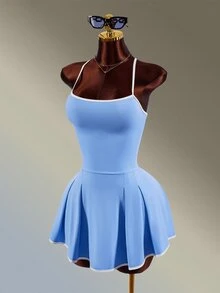 Amplova Women's Colorblock Back Cross Design Spaghetti Strap Sports Dress With Shorts - Blue - View 2