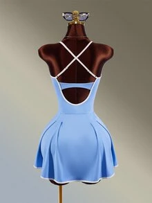 Amplova Women's Colorblock Back Cross Design Spaghetti Strap Sports Dress With Shorts - Blue - View 5
