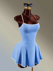 Amplova Women's Colorblock Back Cross Design Spaghetti Strap Sports Dress With Shorts - Blue - View 6