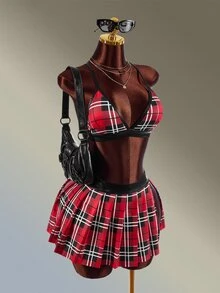 Amplova Women's Plaid Halter Top And Pleated Mini Skirt Sports Set - Red - View 4