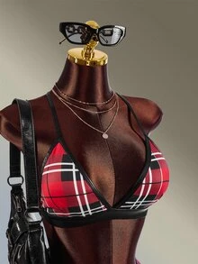 Amplova Women's Plaid Halter Top And Pleated Mini Skirt Sports Set - Red - View 10