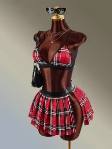 Amplova Women's Plaid Halter Top And Pleated Mini Skirt Sports Set - Red - View 3