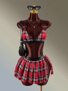 Amplova Women's Plaid Halter Top And Pleated Mini Skirt Sports Set - Red - View 6