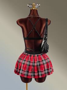 Amplova Women's Plaid Halter Top And Pleated Mini Skirt Sports Set - Red - View 2