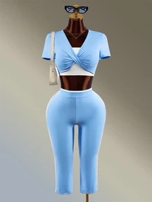 Amplova Women's Knot Design 2 In 1 Short Sleeve T-Shirt And Leggings Sports Set - Blue - View 10