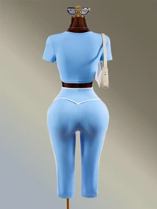 Amplova Women's Knot Design 2 In 1 Short Sleeve T-Shirt And Leggings Sports Set - Blue - View 2