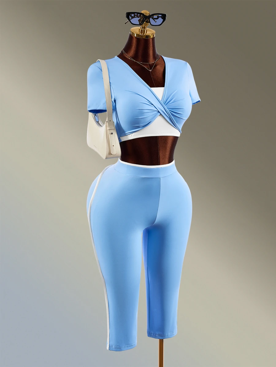 Amplova Women's Knot Design 2 In 1 Short Sleeve T-Shirt And Leggings Sports Set - Blue - View 1