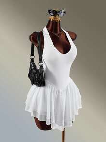 Amplova Women's Solid Color Ruffle Hem Back Cutout Sleeveless Sports Dress With Shorts - White - View 4