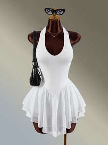 Amplova Women's Solid Color Ruffle Hem Back Cutout Sleeveless Sports Dress With Shorts - White - View 16