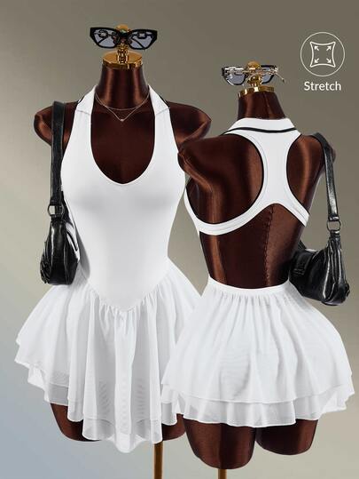 Amplova Women's Solid Color Ruffle Hem Back Cutout Sleeveless Sports Dress With Shorts