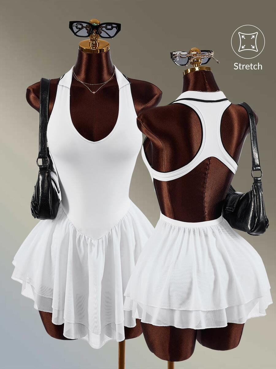 Amplova Women's Solid Color Ruffle Hem Back Cutout Sleeveless Sports Dress With Shorts - White - View 1
