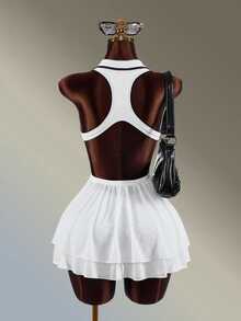 Amplova Women's Solid Color Ruffle Hem Back Cutout Sleeveless Sports Dress With Shorts - White - View 2