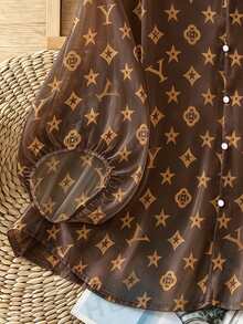 SHEIN LUNE CURVE 復古V領燈籠袖度假風寬鬆休閒大尺碼女款襯衫 - 咖啡棕 - 查看 4