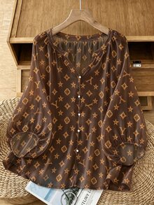 SHEIN LUNE CURVE 復古V領燈籠袖度假風寬鬆休閒大尺碼女款襯衫 - 咖啡棕 - 查看 1