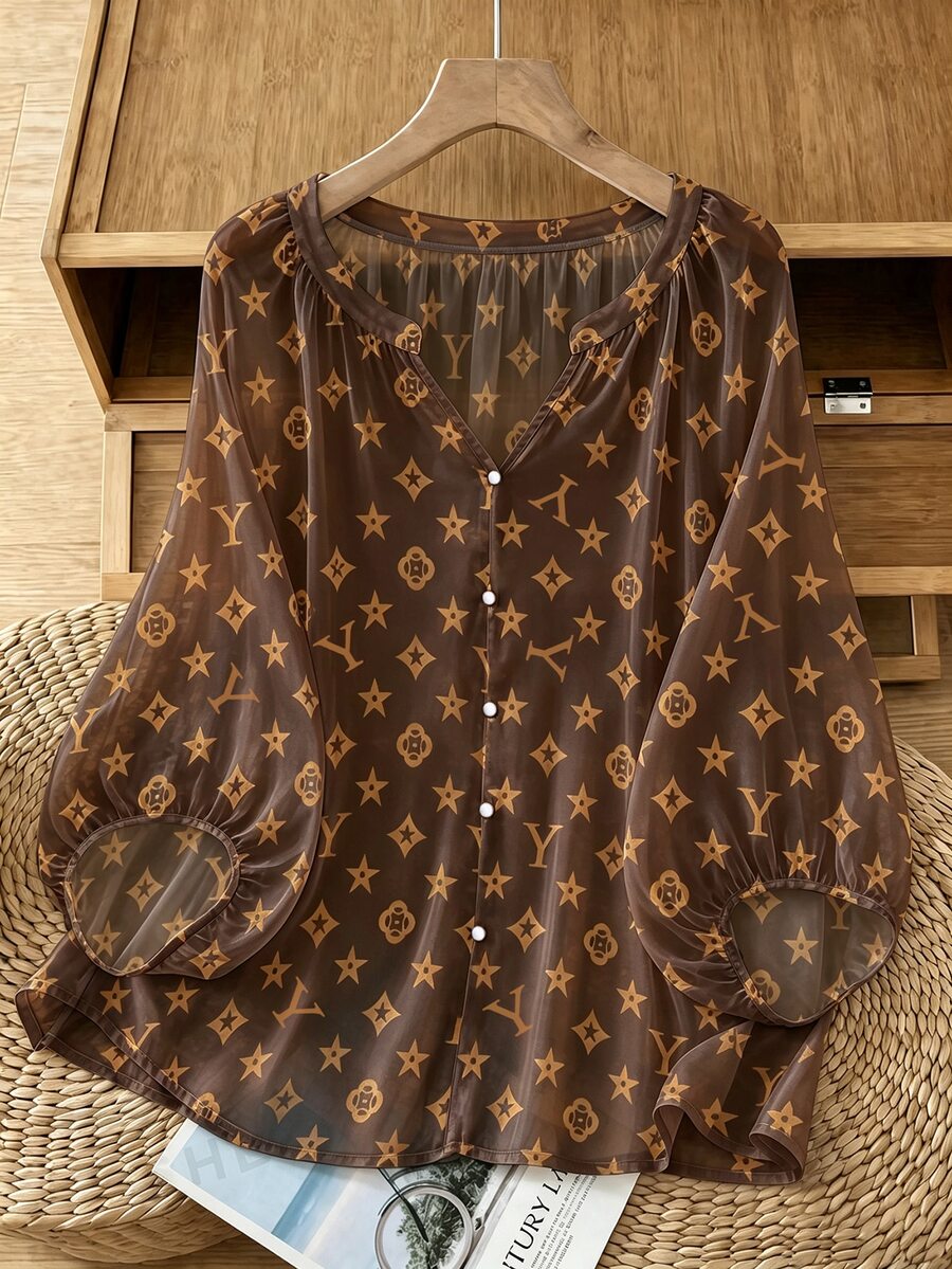 SHEIN LUNE CURVE 復古V領燈籠袖度假風寬鬆休閒大尺碼女款襯衫 - 咖啡棕 - 查看 1