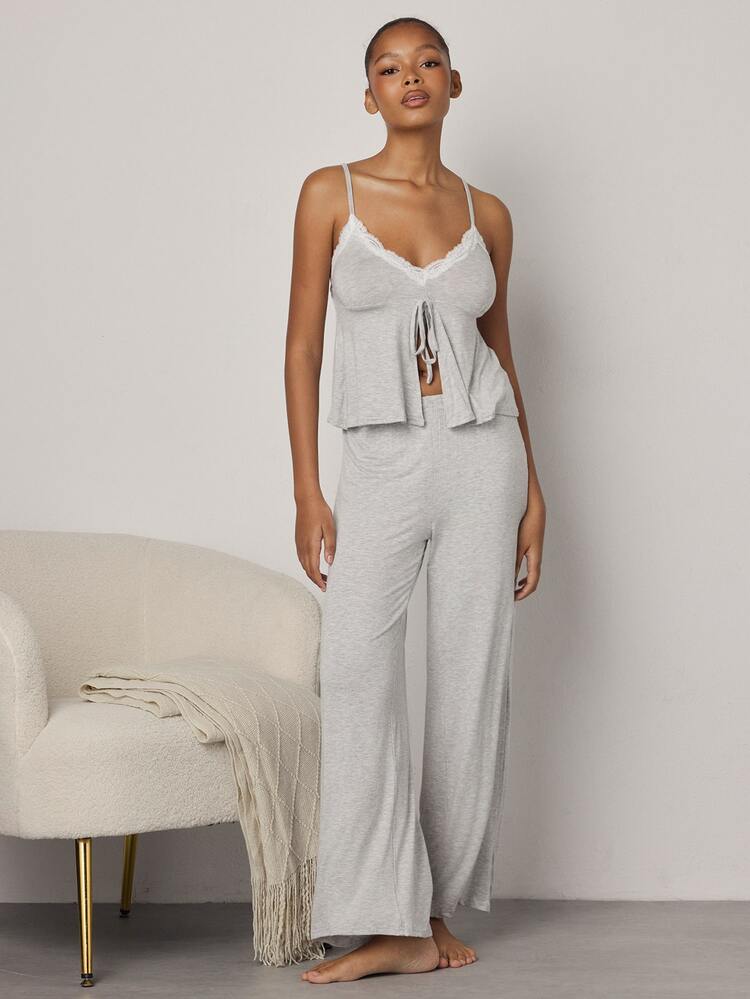 Ocili Women's Comfortable Modal Knit Fabric Lace V-Neck Camisole & Long Pants Pajama Set - Light Grey - View 4