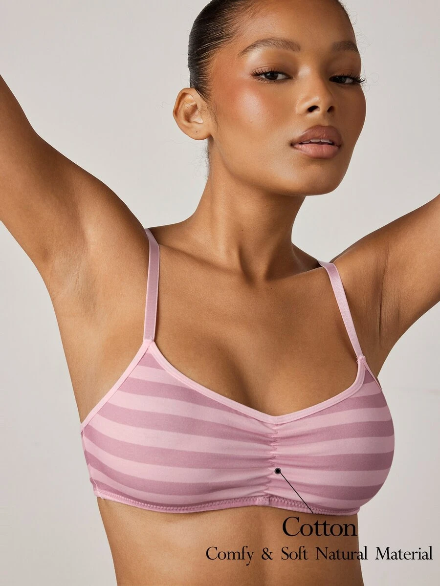 Ocili Pure Cotton Comfortable Minimalist Striped Pink Women's Bra - Pink - View 1