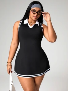 Rhythm Era Plus Size Women Striped Sleeveless Sports Dress With Shorts - Multicolor - View 3