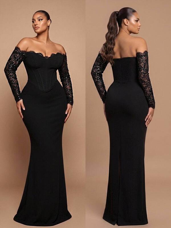 Glamrae Plus Size Elegant Minimalist Black High Elastic Knit Strapless Neckline Lace Trim Decorated With Glamorous Beads Lace Long Sleeve High Waist Slimming Straight Skirt With Back Center Slit Suitable For Date Vacation Bachelorette Party Wedding Event Business Dinner Graduation Homecoming All Formal Occasions Women's Evening Dress