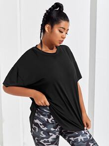 SHEIN Rhythm Era Plus Solid Drop Shoulder Sports Tee Gym Women Shirts - Black - View 5