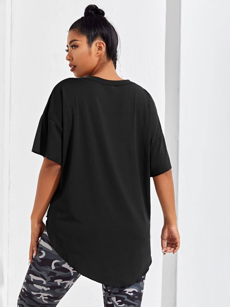 SHEIN Rhythm Era Plus Solid Drop Shoulder Sports Tee Gym Women Shirts - Black - View 1