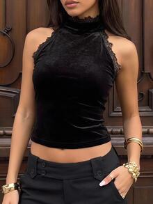 SHEIN EZwear Black Velvet Women's Halter Tank Top Halloween Night Autumn Sexy Goth - Black - View 12